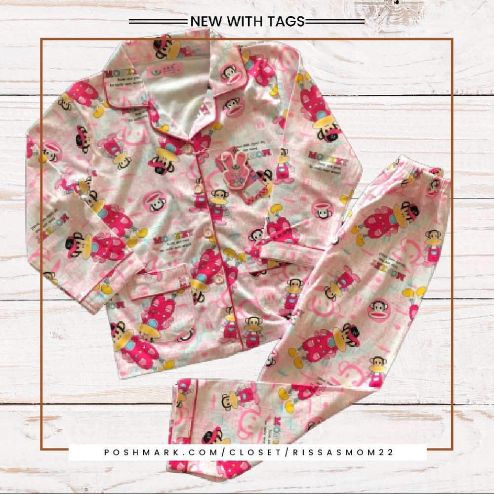 WAWALE Girls Pink/White Monkey Pattern Pajamas NWT